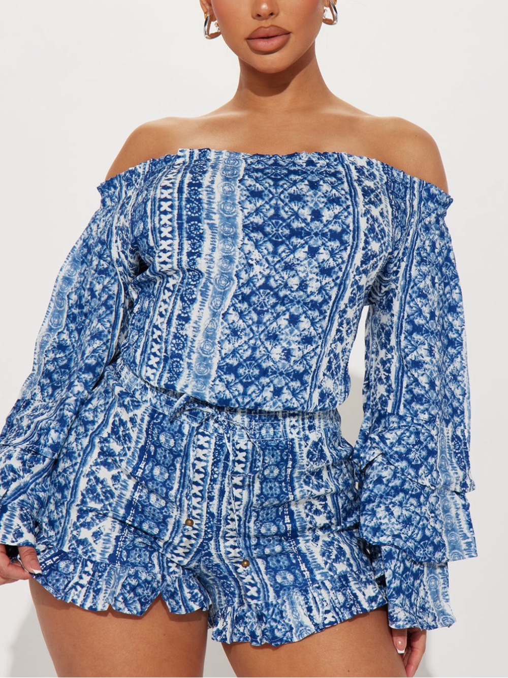 Blue Patterned Off-Shoulder Women’s Shorts Romper worn once